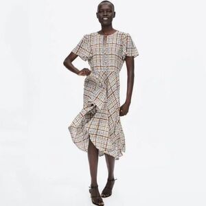 Zara Woman The Long Check Brown Plaid Flutter Sleeve Dress Sz L